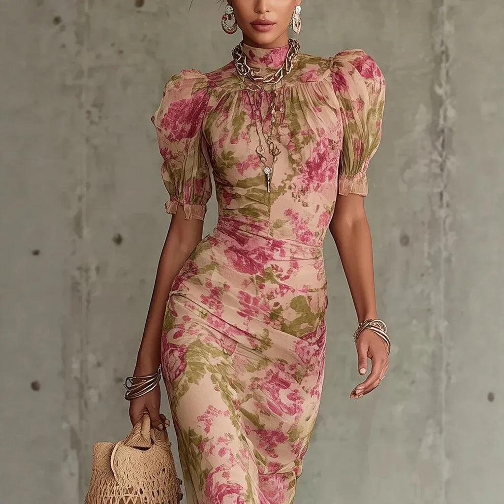 Blumendruck Mode Kurzarm Mesh Vielseitiges Elegantes Langes Kleid Damen Abendkleid Meerjungfrau Schlankes Sexy Spitzen-Splicing Abendkleid