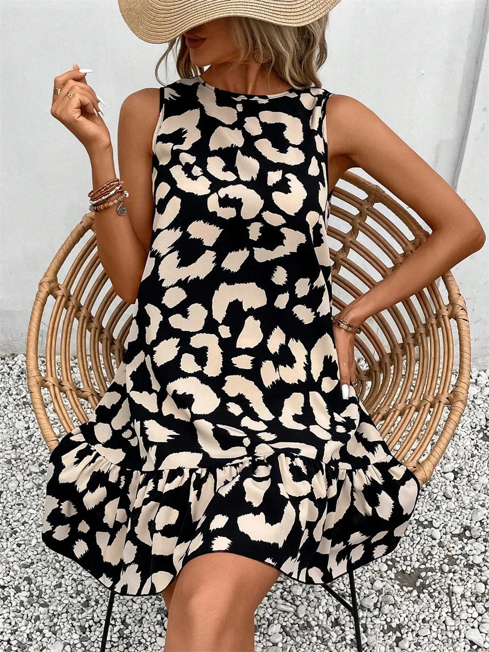 Frauen Sommer Stil Kleid Dame Casual Ärmelloses Leopard Gedruckt Dünnes Mini A-linie Kleid