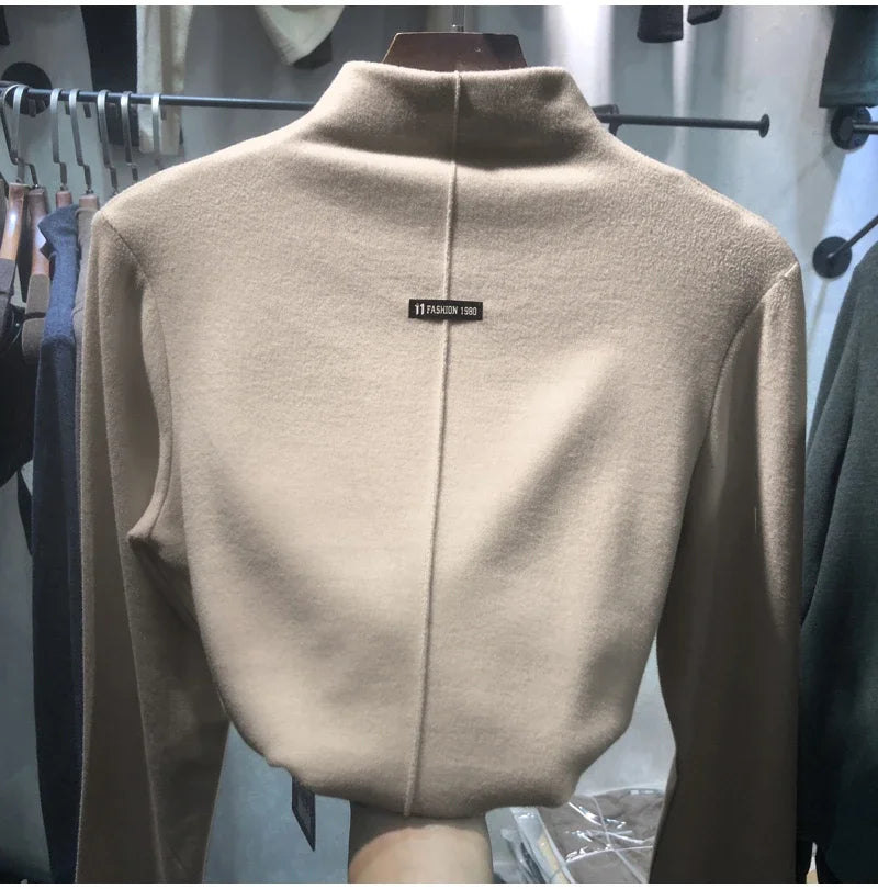 Harajuku half turtleneck Casual slim fleece Thick bottoming T-shirt autumn winter velvet Long Sleeve solid T Shirt Women y2k Top