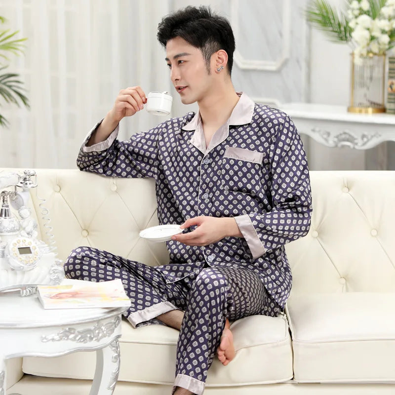 Hohe Qualität Pyjamas Set Männer Frühling Herbst Dünne Polyester Eis Seide Lange ärmeln Nachtwäsche Plus Größe Sommer Hause Kleidung männlichen