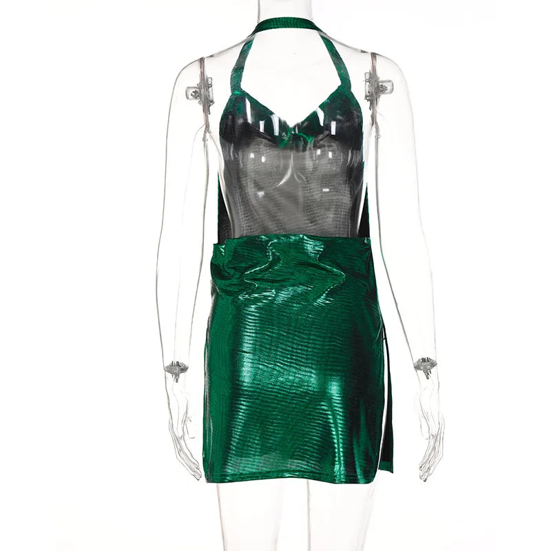 Sexy und modisches Damen-Kleid, elegant, kurz, mit hängendem Hals, rückenfrei, unten auf der Brust, Pailletten, Party-Mädchen-Tanzkleid