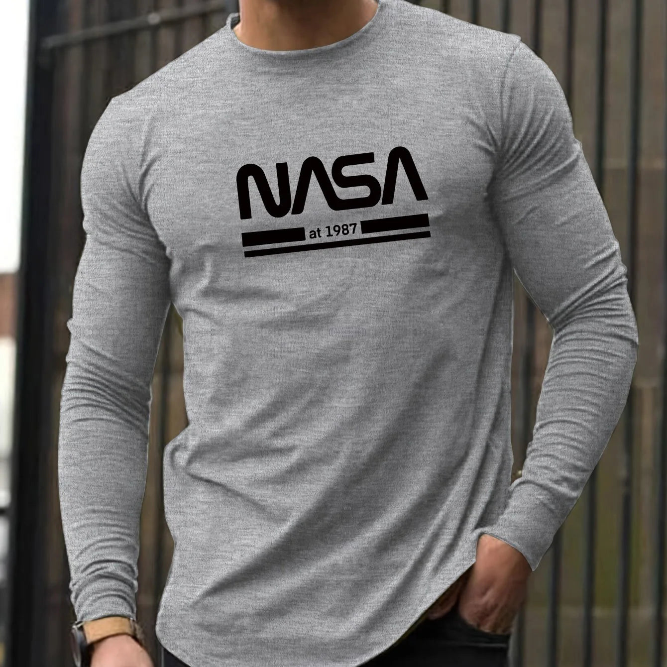 Men's Spring and Autumn 100% Cotton Loose Comfortable Casual NASA Letter Printed Round Neck Long Sleeve T-shirt