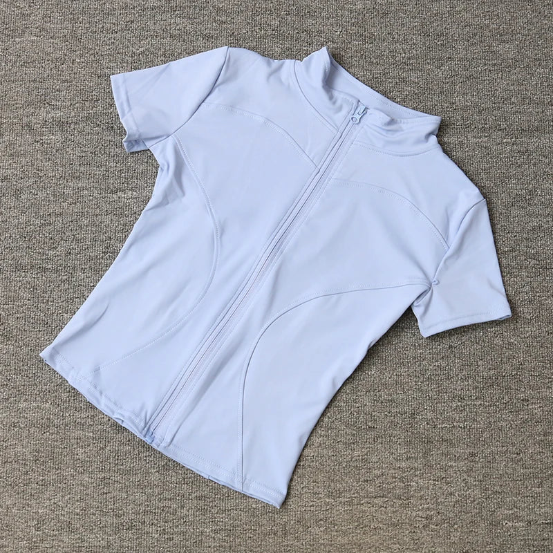 Damen-Sportbekleidung, schmale Passform, Polyester, schnell trocknend, durchgehender Reißverschluss, Outdoor-Fitness, Laufhose, kurze Ärmel, Damen-Yoga-Bekleidung