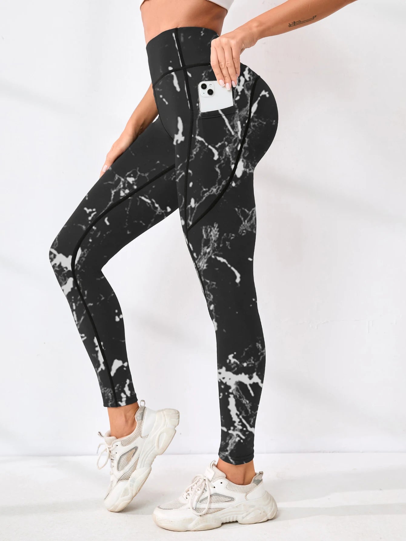 Bedruckte Damen-Fitnesshose mit hohem Bund und Tasche, gepaart mit engen Bauch-Yogahosen, geeignet zum Laufen, Wandern und Sp