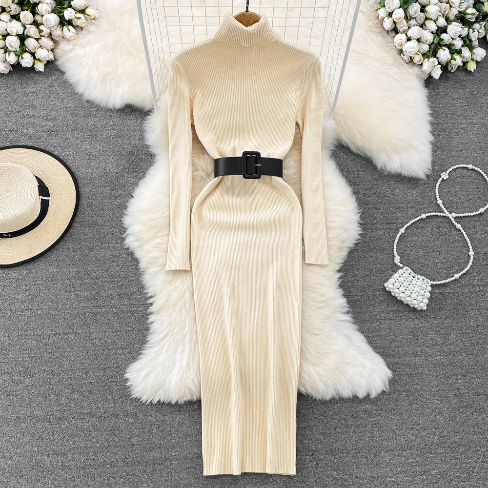 REALEFT Herbst Winter 2025, neue Rollkragen frauen Gestrickte Kleider mit Gürtel Langarm Elegante Bodycon Wrap Kleid Weibliche