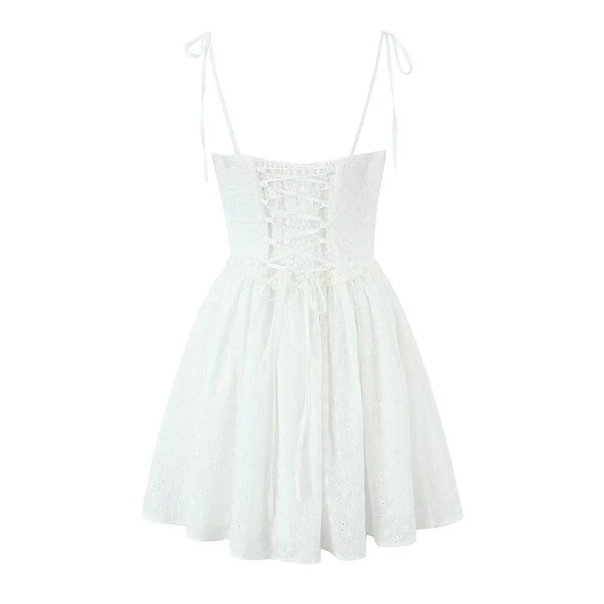 Sommerkleid 2025, sexy weiße Spitzenkleider für Damen, bestickt, figurbetontes Minikleid, koreanische Mode, Rüschenkleid, Schnürung, Fischgrätenmuster