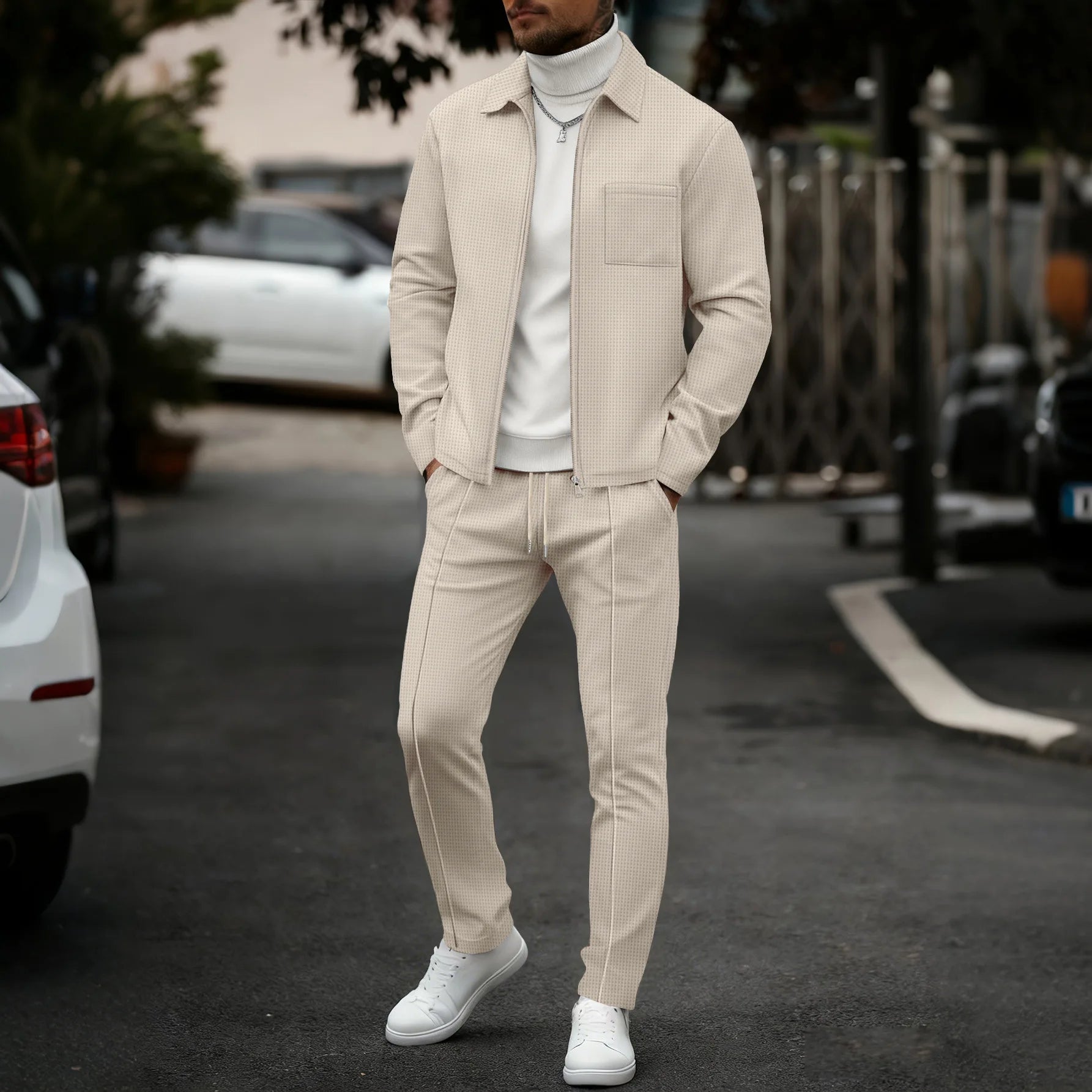 2026 Neue Herren Frühling-Herbst Karierte Strickjacke mit Reißverschlusskragen und Hosen-Set (mit Taschen)