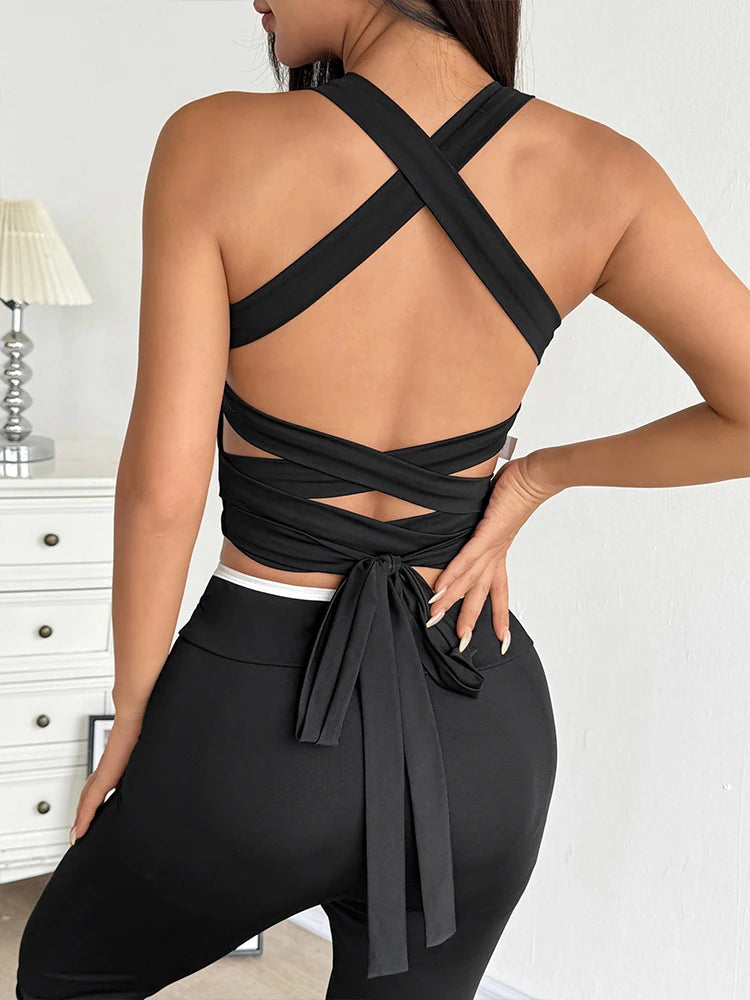 Sommer Damen Neues Schwarzes Sexy Westen-Top Modische Streetwear Bandage Tanktop Sexy Vielseitiges Ausgeschnittenes Top Ärmellose Kleidung