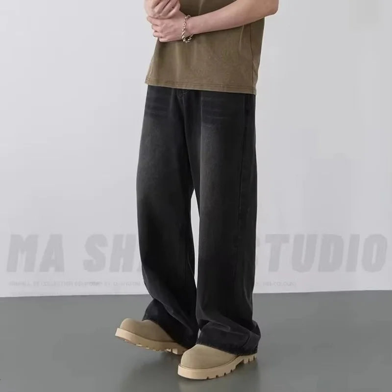 Frühling Herbst männer Neue Denim Hosen Alte Blau Gewaschen Casual Jeans Menwear Lose Neue Mode kontrast farbe Breite Bein Hosen