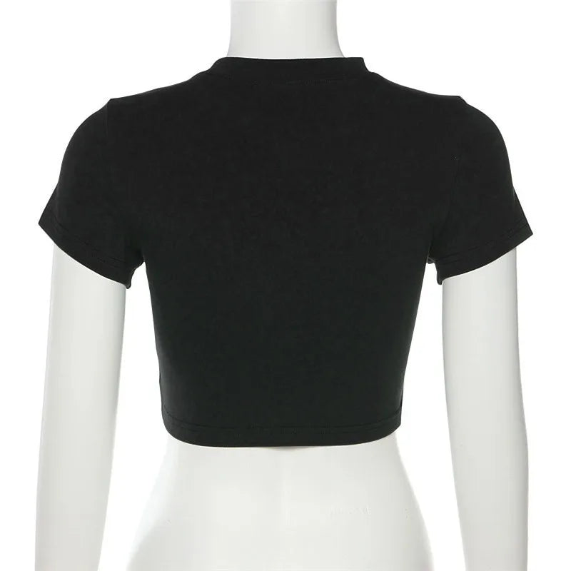 Women's T-shirt Clothese Short Sleeve Black Crop Top Harajuku Letter Embroidery T Shirt Female Summer Sexy O-Neck Cropped Tops