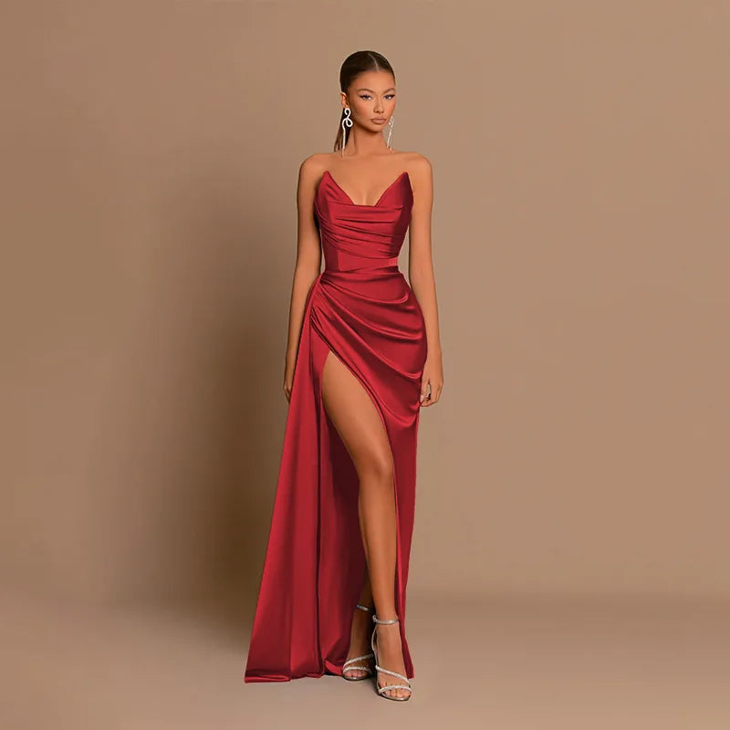 Elegantes Trägerloses Einfarbiges Abendkleid Schickes Satin-Korsettkleid für Damen V-Ausschnitt Geschlitztes Blaues Langes Kleid Damen Sommer-Partykleid