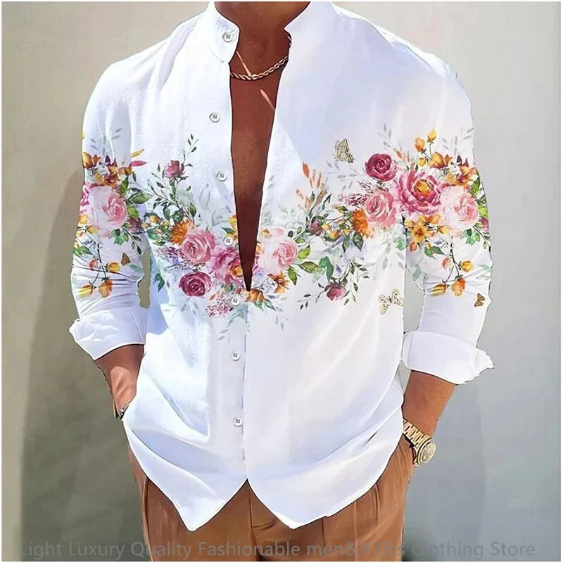 Neues Herren hemd Langarmhemd 3D-Druck Blumenmuster lang ärmel ige stehende Kleidung Mode lässig XS-6XL weichen Stoff