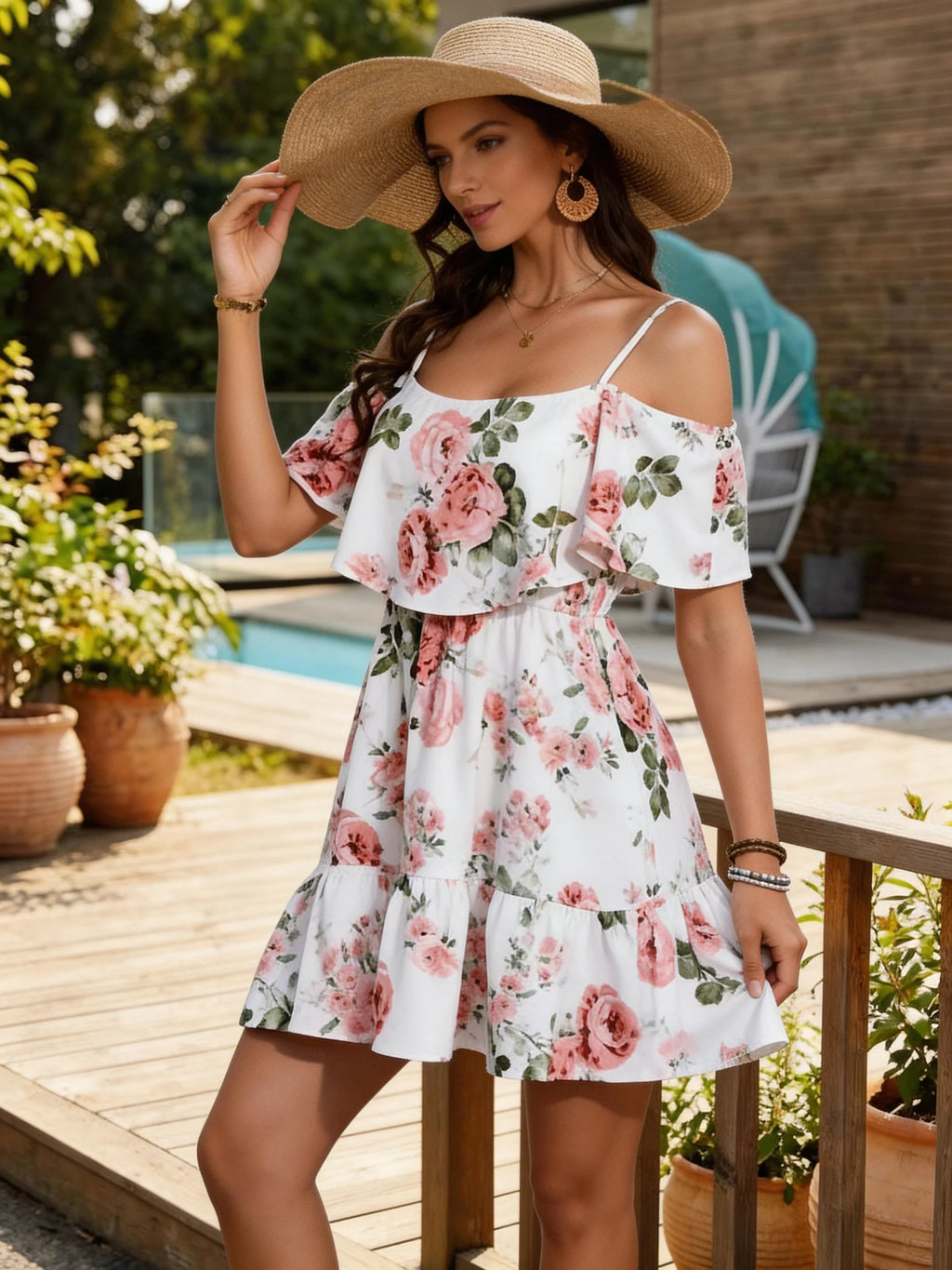 Damenkleid im Europäischen Stil mit Blumenmuster, Ärmelloses Neckholder-Oberteil mit Rüschenkanten, Kurzer Rock für den Sommer