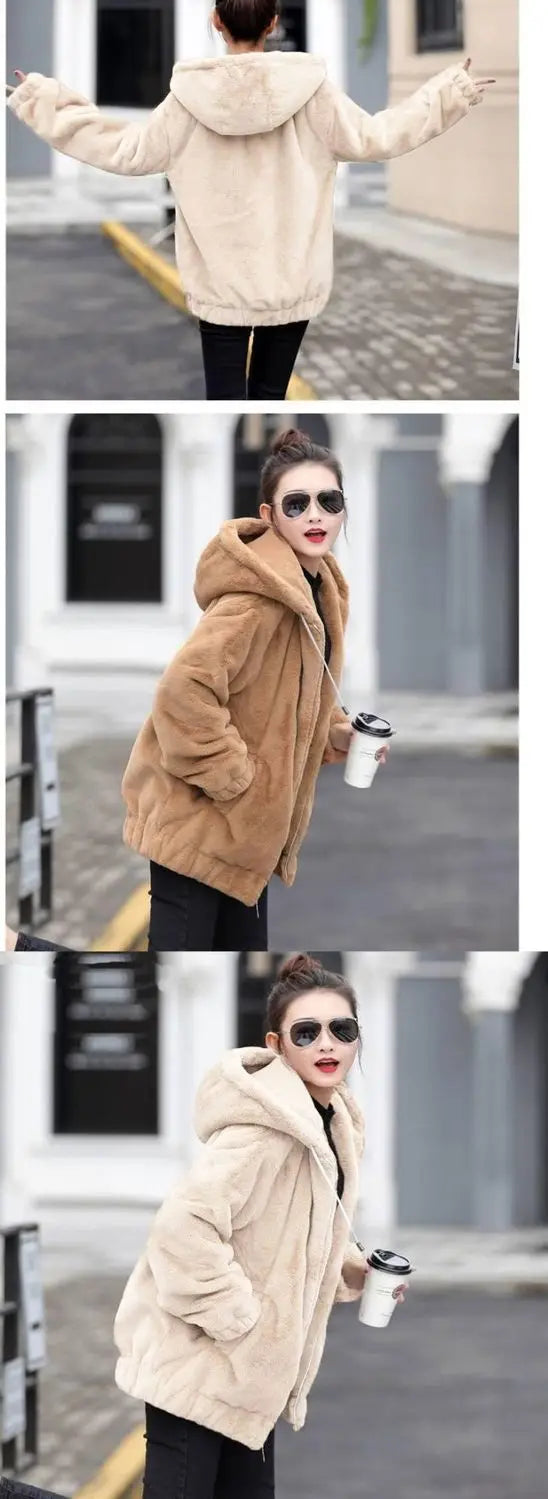 Plüsch-Kapuzenjacke für Damen, mittellang, Winter, neuer lockerer Plüsch, warmer, langer Ärmel, Plüsch, kurze Jacke, modischer Freizeitmantel