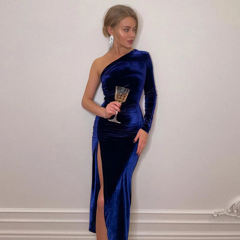 Frauen Elegante Langarm Party Abend Samt Bodycon Split Bleistift Midi Kleid Frühling Herbst Kleidung