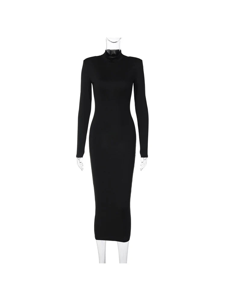 AHAgaga Winter Büro Dame Regelmäßige Sexy Bodycon Maxi Kleid Frauen Casual Langarm Schwarz Slim Kleider Frau Rollkragen Roben