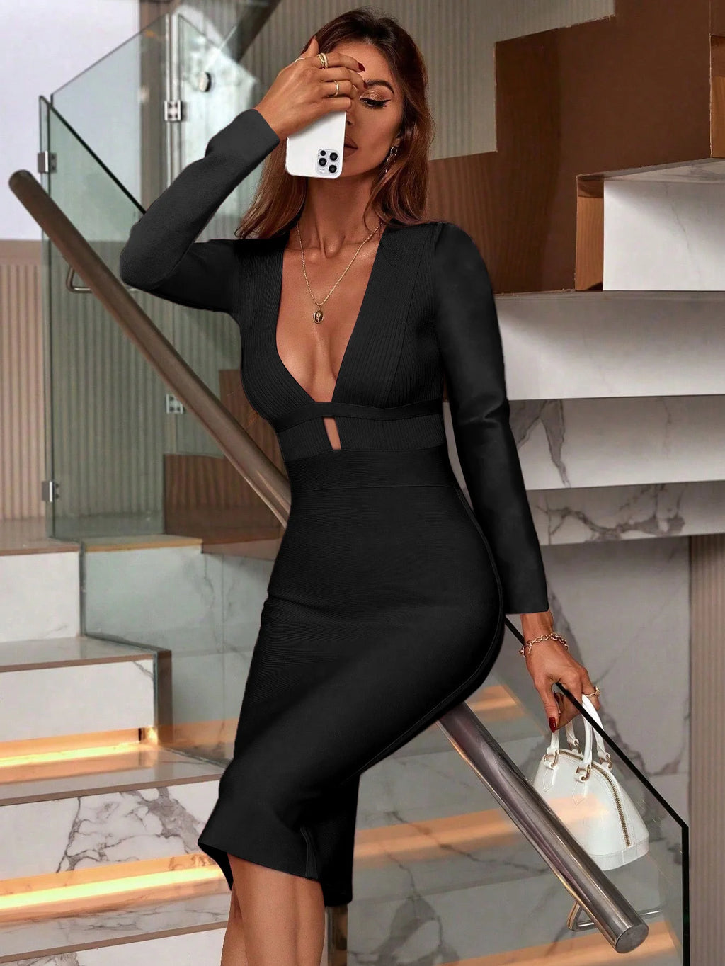 Damenmode Frühling Sommer Sexy Elegant Schwarz Langarm Midi Rückenfrei Figurbetontes Verbandkleid Party Cocktail Abendkleid