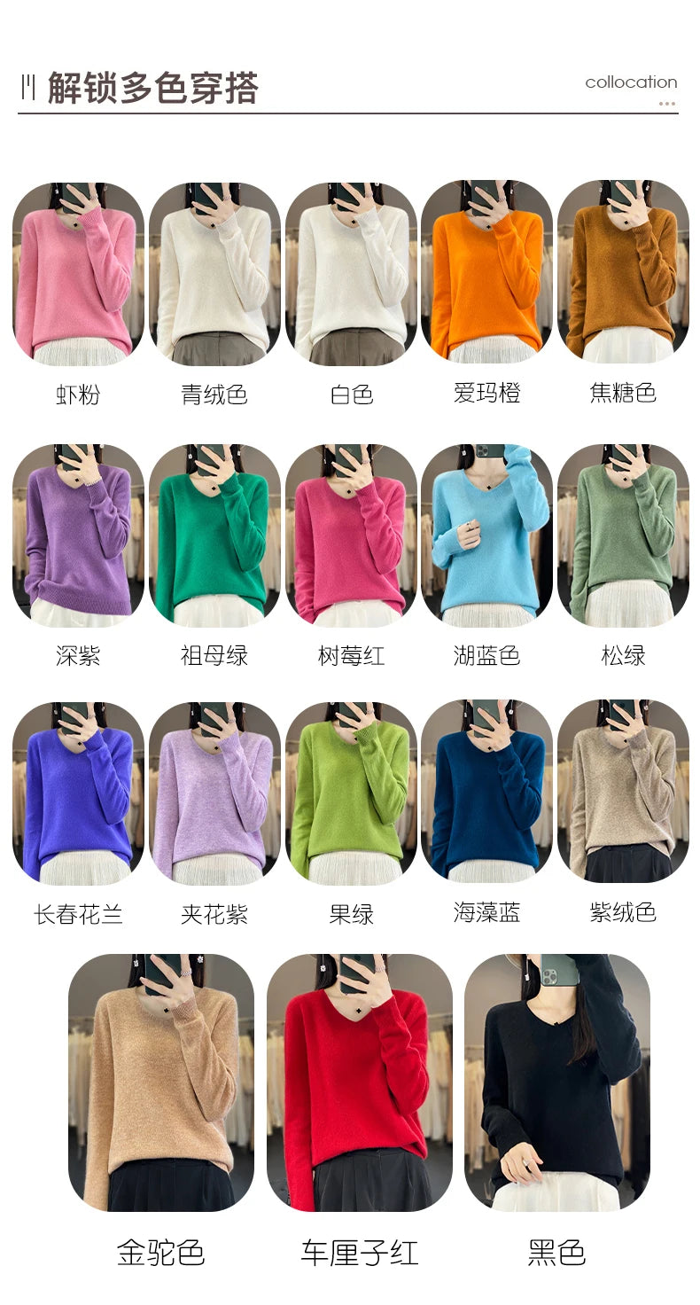 Frauen 100% Merinowolle Pullover V-Ausschnitt Basic Pullover Herbst Winter Kaschmir Kleidung Langarm weiche Strickwaren Tops einfarbig
