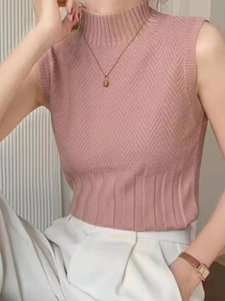 HELIAR Frauen Sommer Beiläufige Gestrickte Tank Tops Solide Ärmellose Halb Hohe Kragen Schlank Basis Shirt Sexy Top Strickwaren Y2k High Street