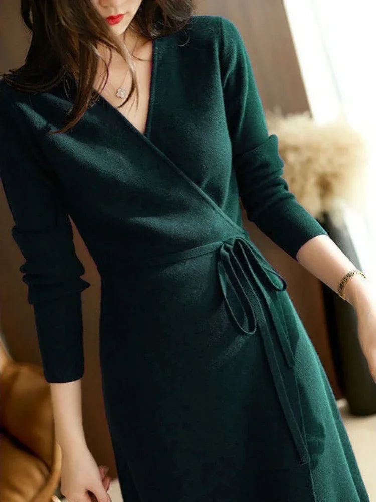 Herbst Winter Pullover Frauen Kleider V-ausschnitt Wrap Up Kleid für Frauen Frau Kleidung Koreanische Version Lose Elegante Gestrickte Rock
