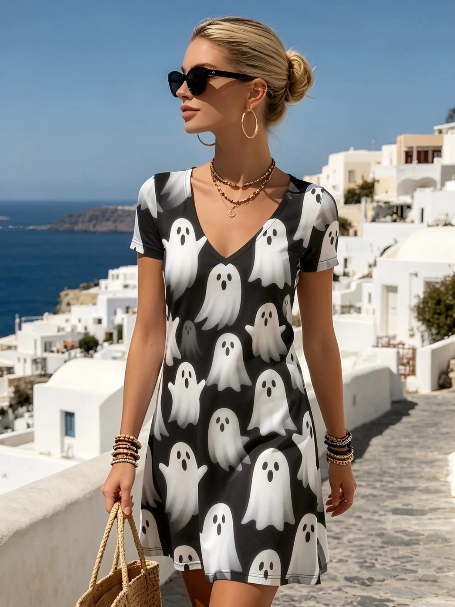 Damen V-Ausschnitt Kurzarm Blumen-Swing-Kleid Lässiges Sommer-Markt-Sundress Outfit Reise-Garderobe Eleganter Luftiger Weicher Bequemer Charme