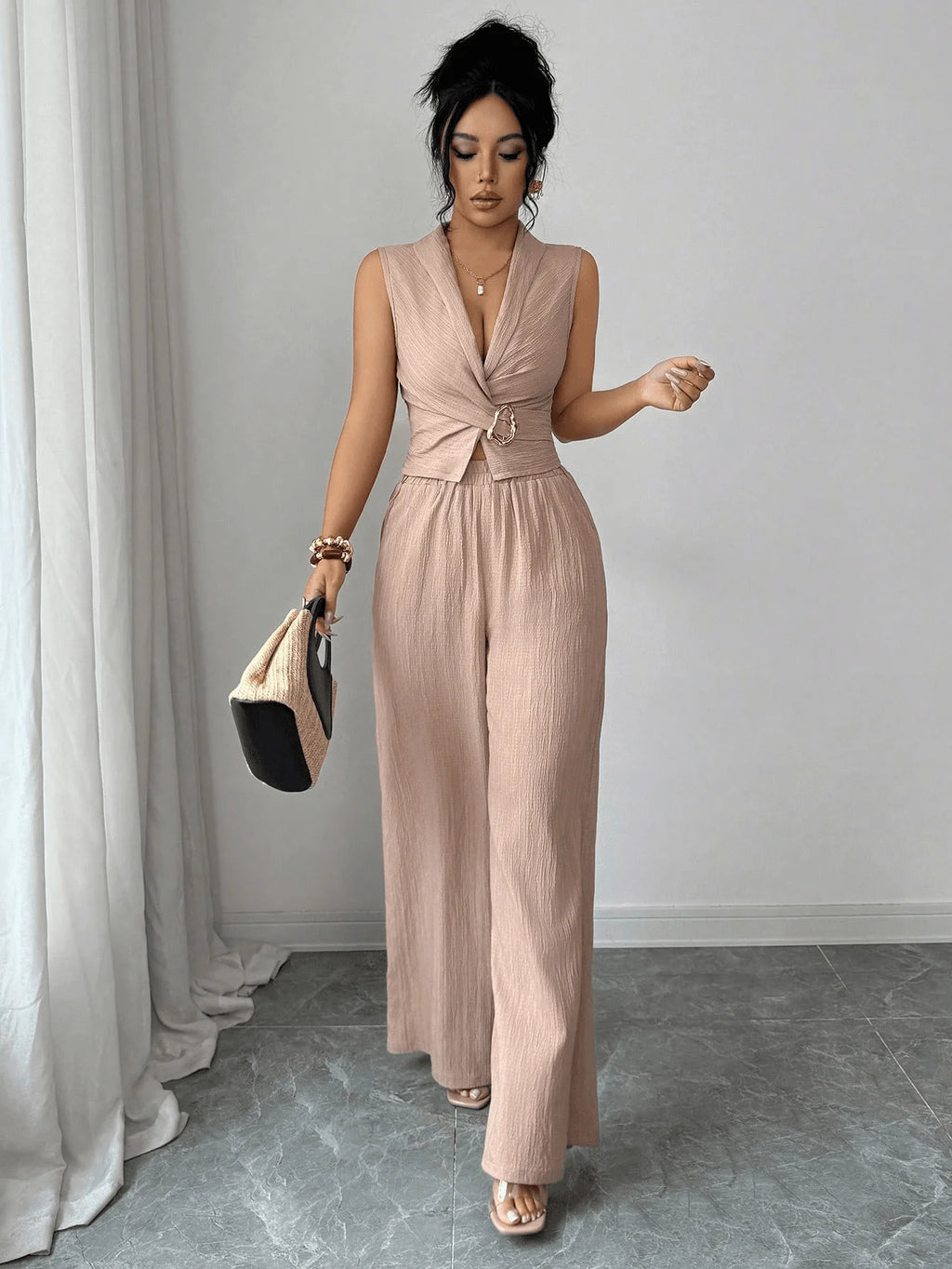 Damen 2-Teiliges Outfit Sommer Ärmelloses Wickel-V-Ausschnitt Crop Top Weite Hose Set Lässiges Elegantes Büro Zweiteiler