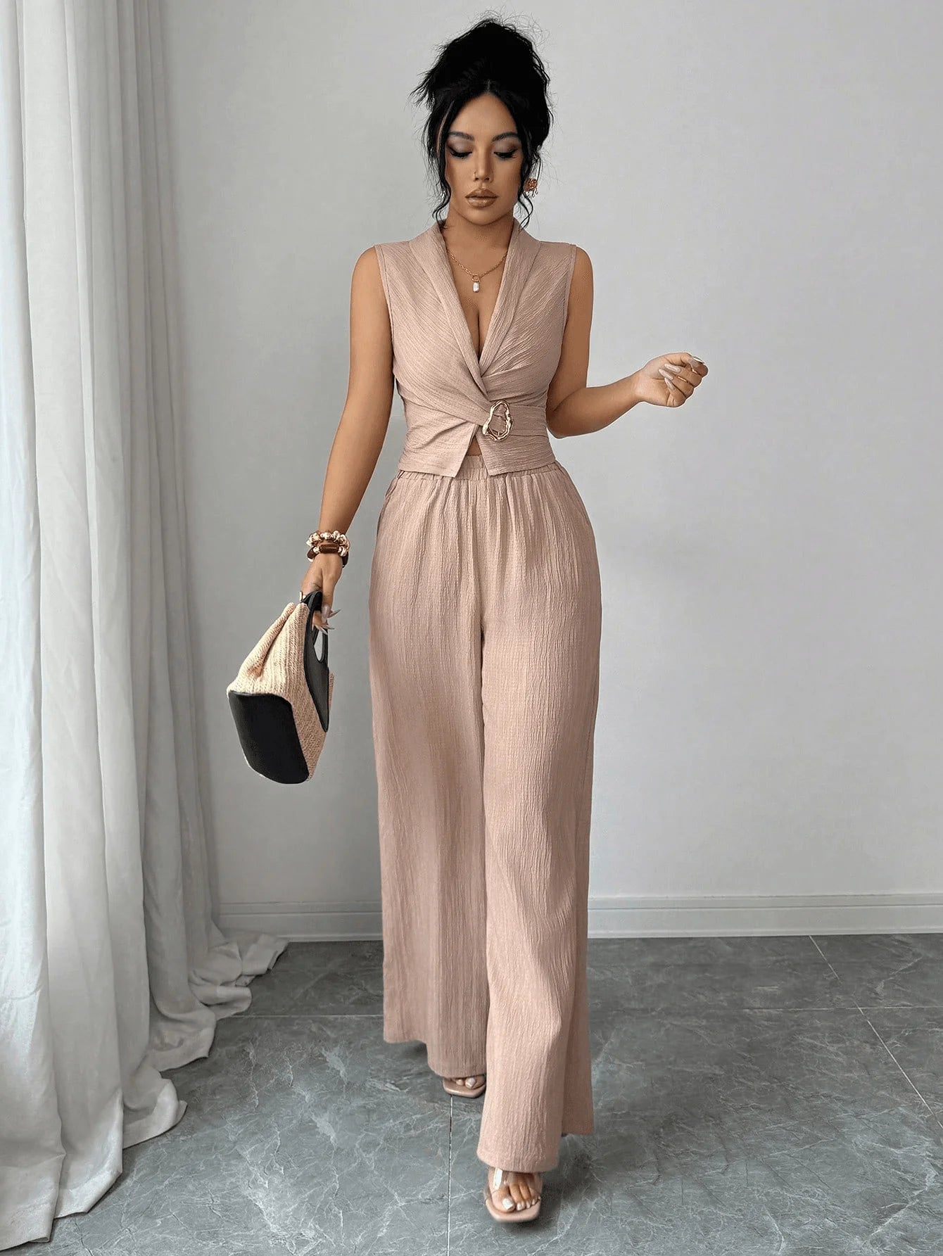 Damen 2-Teiliges Outfit Sommer Ärmelloses Wickel-V-Ausschnitt Crop Top Weite Hose Set Lässiges Elegantes Büro Zweiteiler