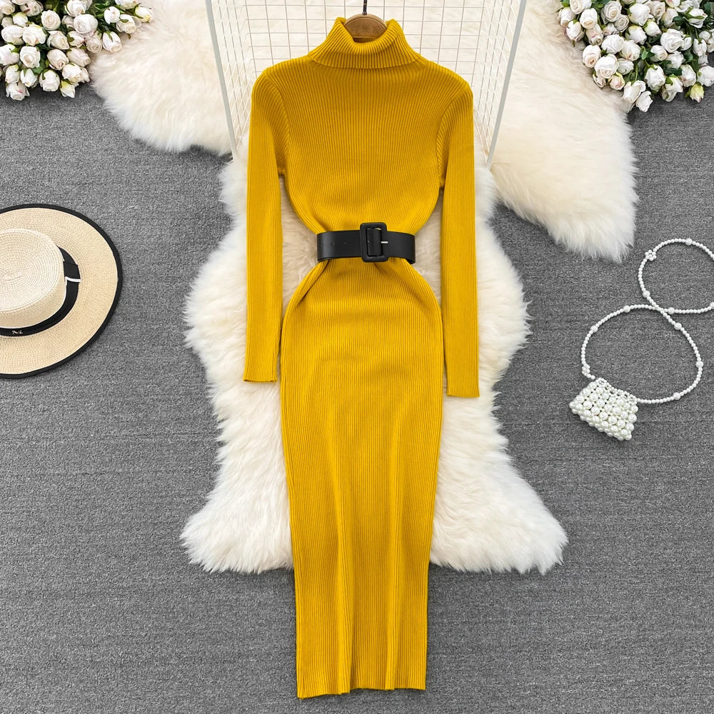 REALEFT Herbst Winter 2025, neue Rollkragen frauen Gestrickte Kleider mit Gürtel Langarm Elegante Bodycon Wrap Kleid Weibliche