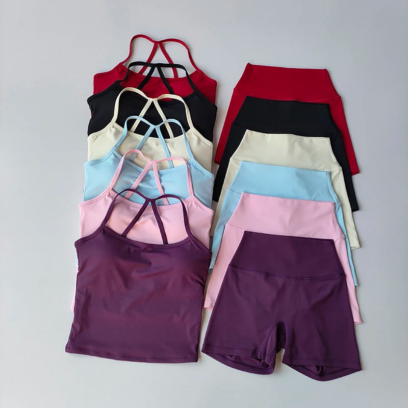 Yoga Gym Set Neckholder Top Set Yoga Hohe Taille Shorts Set Rückenfreie Strumpfhosen BH Weste Nahtlose Stretch Gerippte Gesäß Lift Shorts Set