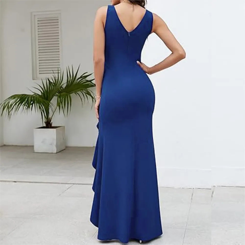 Sexy Schlitz, Rüschen, ärmellos, Abendkleider für Damen, modisch, V-Ausschnitt, schlank, plissiert, elegantes weibliches Maxi-langes Kleid 2025,