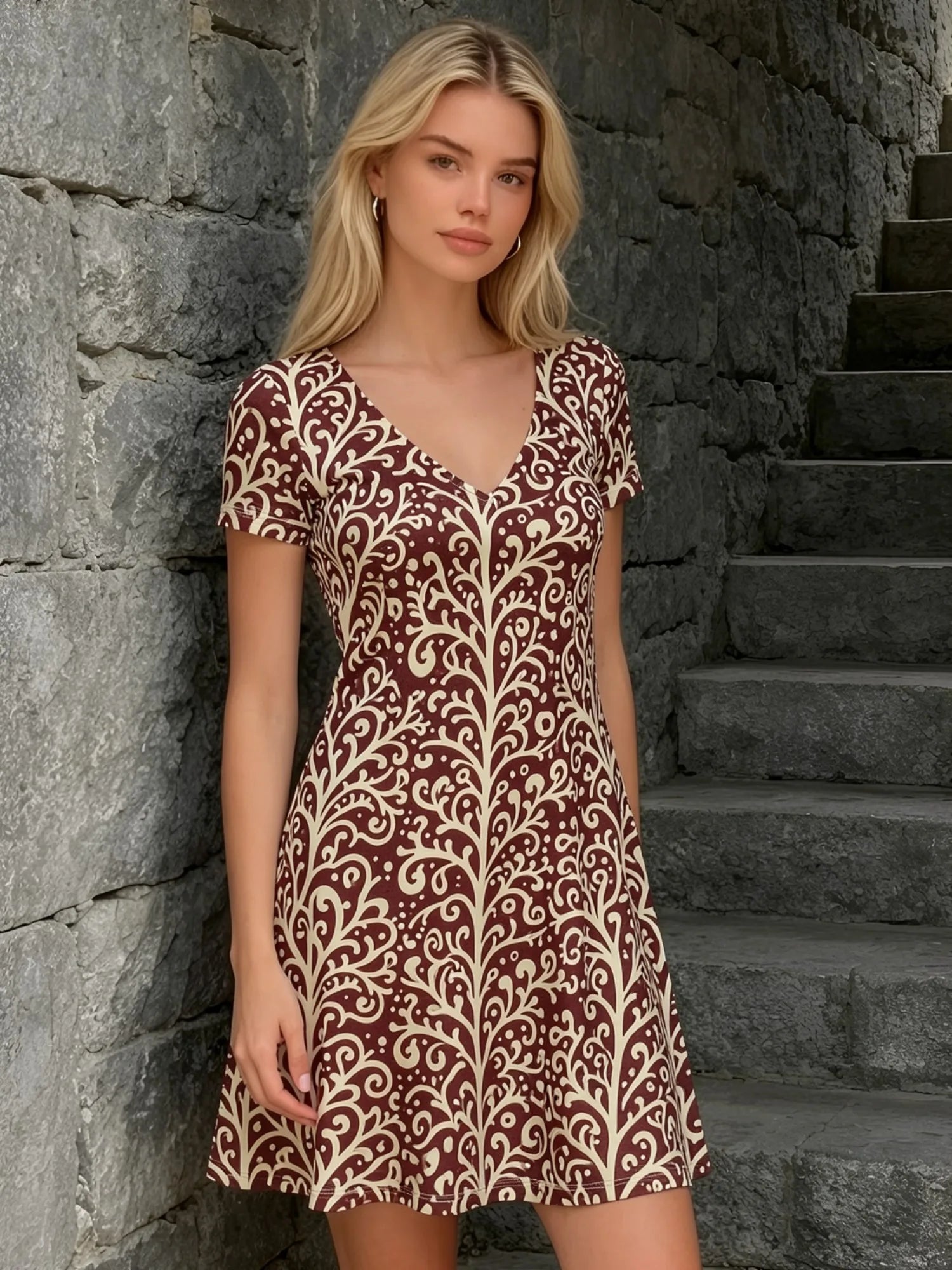 Damenkleid mit V-Ausschnitt und kurzen Ärmeln, Blumenmuster, lässiges Strandoutfit, Freizeit, Urlaub, Wochenende, Alltag, Urlaub, Resort, Reisen, Café, Garderobe