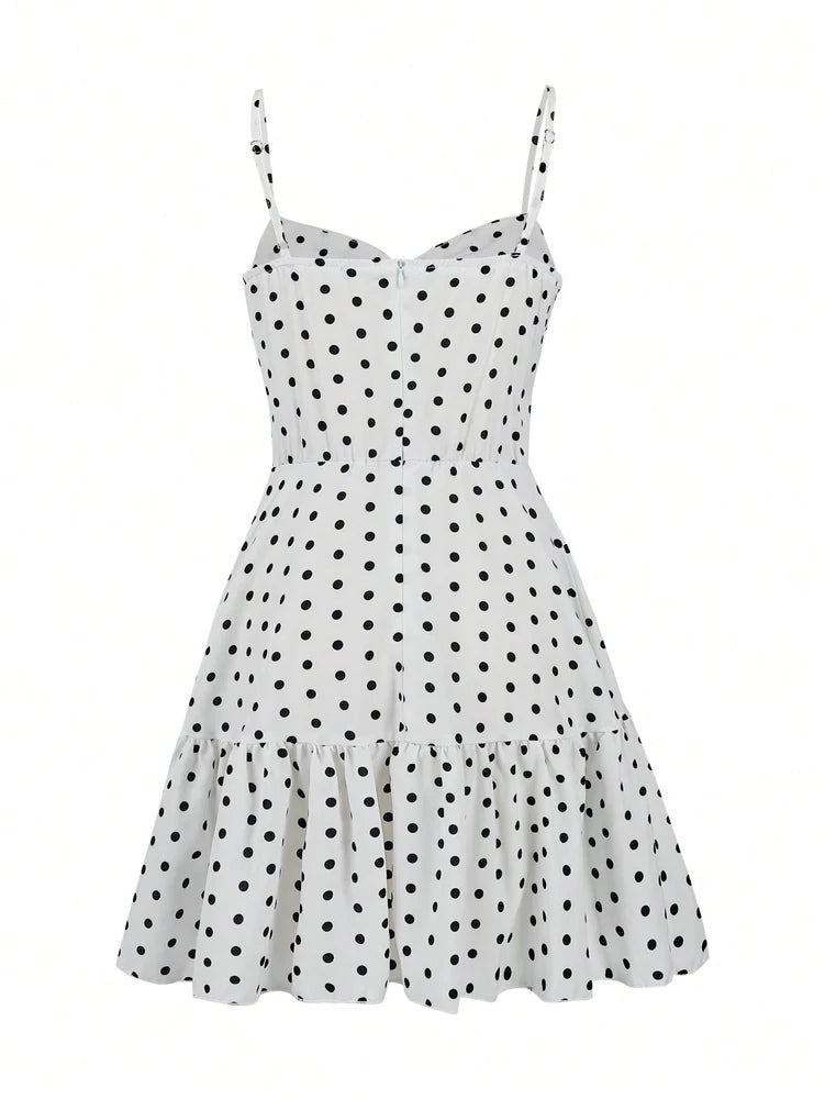 2026 Sommer Neues Damen Polka Dot Minikleid, Sexy Spaghetti-Träger Rüschen-Saum Cami-Kleid, Urlaubs- und Strandparty-Kleid
