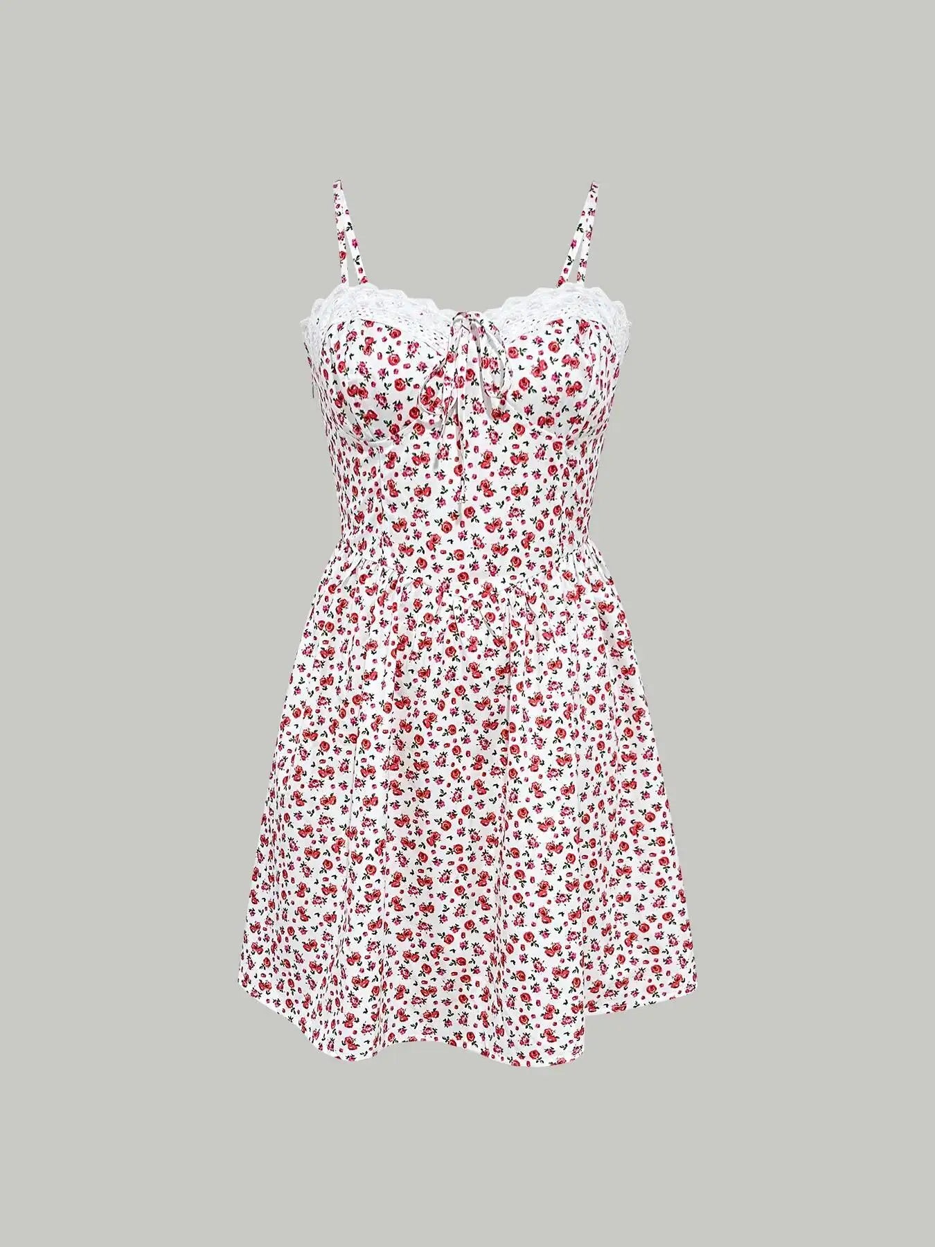 Mini-Kleid für Frühling und Sommer, Damen, Blumenmuster, Spitzenbesatz, Spaghettiträger, ausgestelltes, lässiges, romantisches Kleid für Dates, Urlaub und Strand