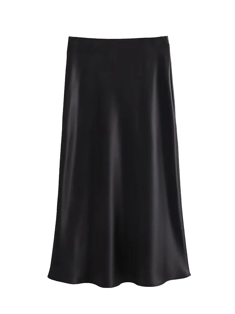 Willshela 2024 Schwarz Satin Rock Frau Hohe Taille Elegante Lange Röcke Für Frauen Mode Sommer Midi Rock Büro frauen Röcke
