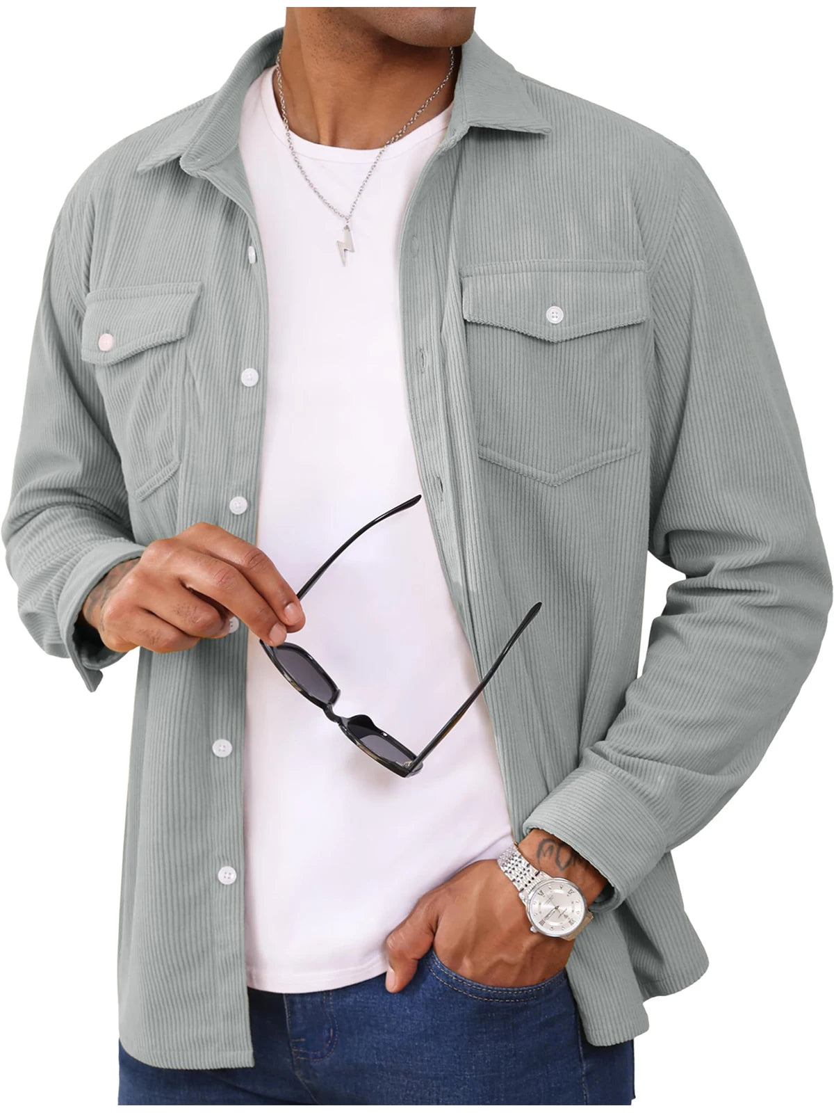 MAGCOMSEN Herren-Cordjacke, langärmelig, lässig, leichtes Hemd mit Brusttasche, Arbeit, Alltagsjacke, Frühlings- und Herbstmantel