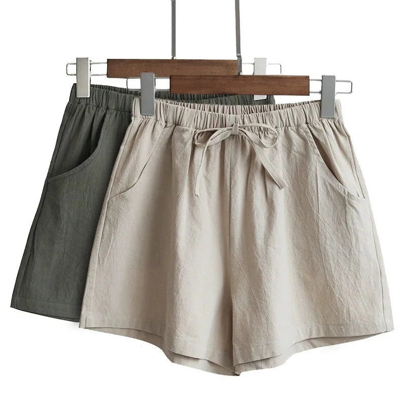 Damen Baumwoll-Leinen-Shorts 2026 – Neue Sommer High-Waist Freizeit-Sportshorts für Damen, einfarbig mit Taschen, lockere Strand-Shorts