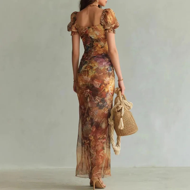 Boho Blumen-Maxikleid Damen Frühling Sexy Quadratischer Ausschnitt Gerafftes Schlitz-Bodycon-Kleid Neues Sommer Puffärmel Rüschen Partykleid