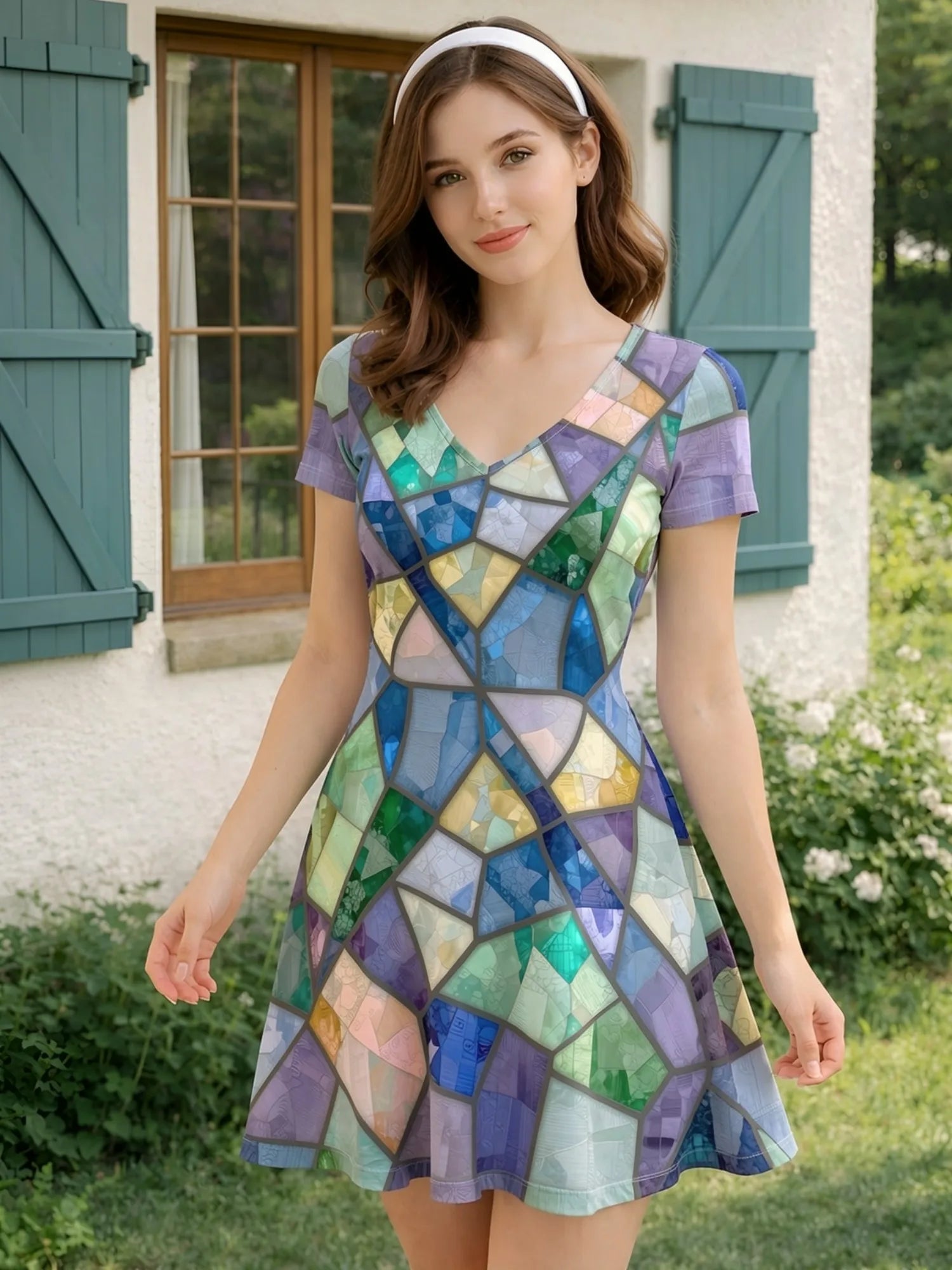 Damen-Minikleid mit V-Ausschnitt und Blumenmuster, A-Linie, Kurzarm, Lässiges Strand- und Urlaubsoutfit, Charmant, Leicht, Fließend, Hübsch, Süß, Modern, Niedlich, Frisch