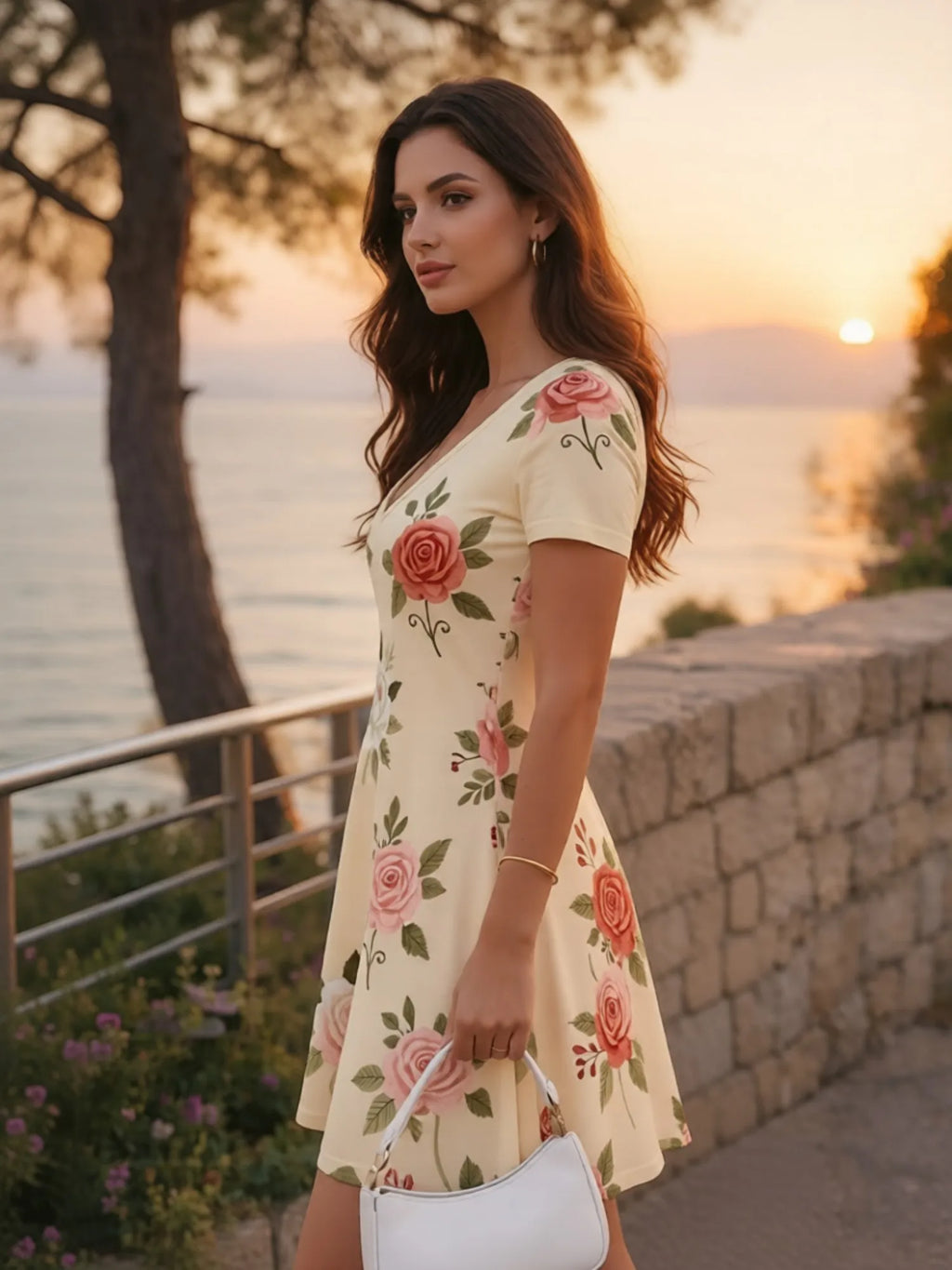 Damen-Minikleid mit V-Ausschnitt und Blumendruck, kurzärmelig, lässig, für den Alltag, Urlaub, Sommerkleid, Outfit, Garderobe, elegant, luftig, weich, bequem, schick