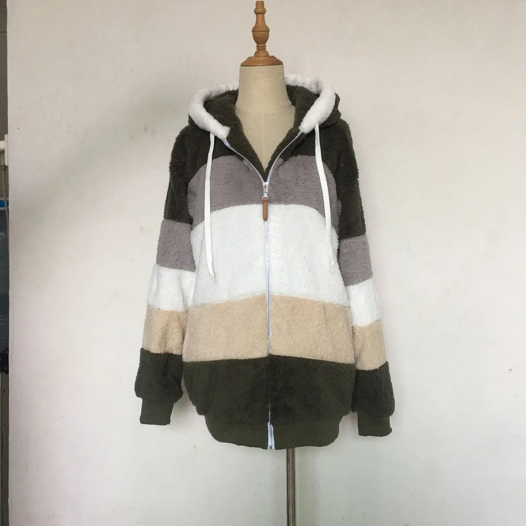 Warme Fleece-Übergroße Kapuzenjacke für Damen, Herbst und Winter, verdickte Reißverschlusstasche, Patchwork-Kleidung, bequemes Sweatshirt