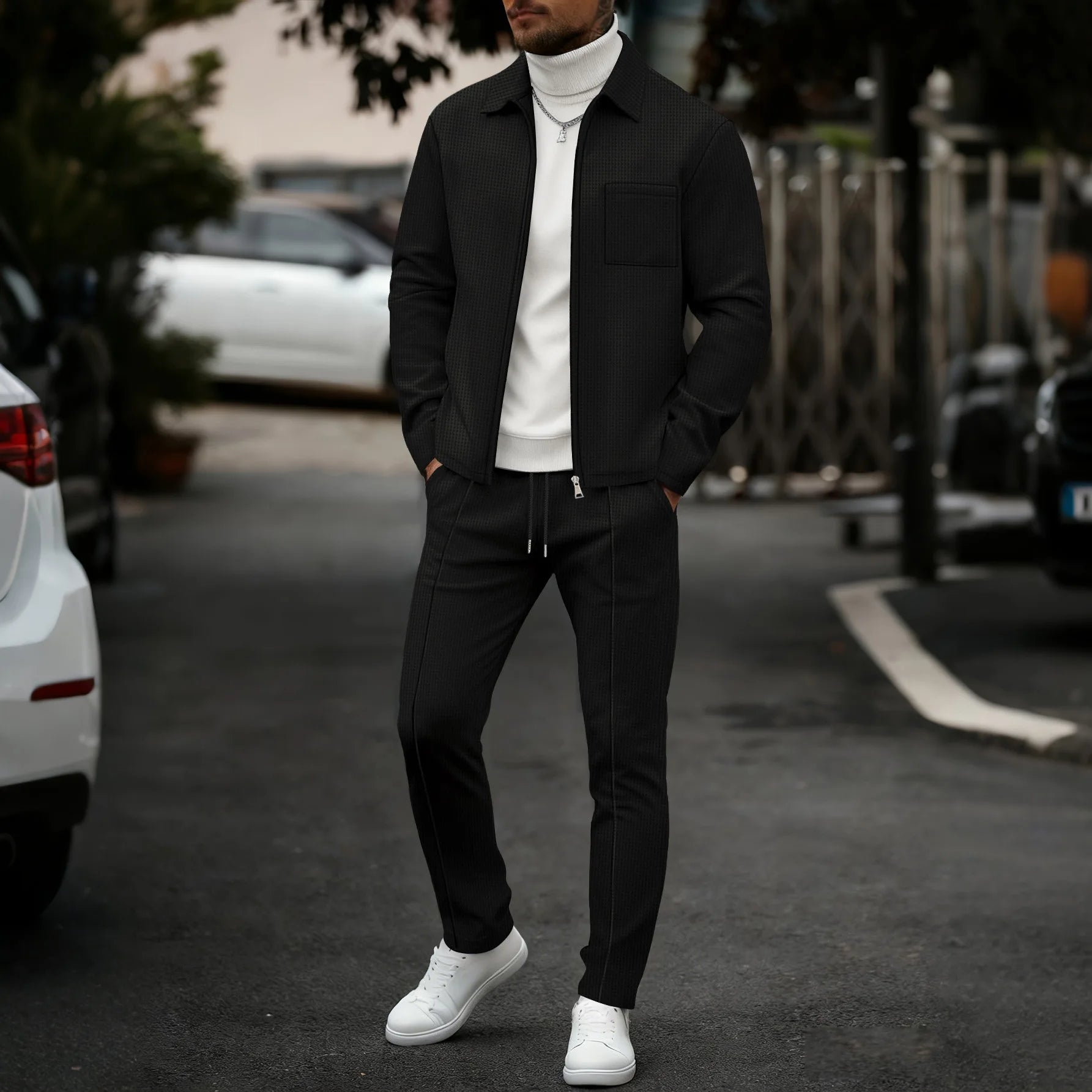 2026 Neue Herren Frühling-Herbst Karierte Strickjacke mit Reißverschlusskragen und Hosen-Set (mit Taschen)