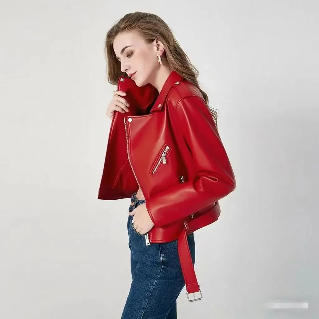 Women's PU Leather Jacket Slim Fit Motorcycle Washed Zipper Top Autumn Winter Fashion Outerwear Casual Style Full Sleeve