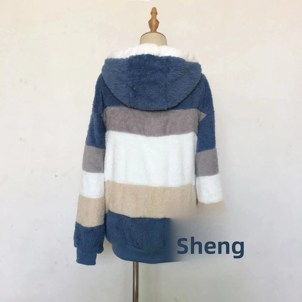 Warm Fleece Oversized Hooded Jacket Women's Autumn Winter Thickened Zipper Pocket Patchwork Clothing Comfortable Sweatshirt