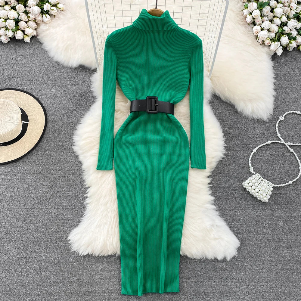 REALEFT Herbst Winter 2025, neue Rollkragen frauen Gestrickte Kleider mit Gürtel Langarm Elegante Bodycon Wrap Kleid Weibliche