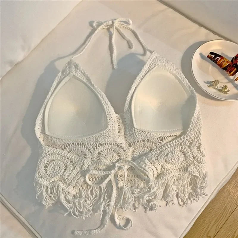 2024 sommer Sexy Strand Kurze Crop Top für Frauen Leichte Aushöhlen Häkeln Quasten Saum Halter Bhs Bustier mit Brust Pads
