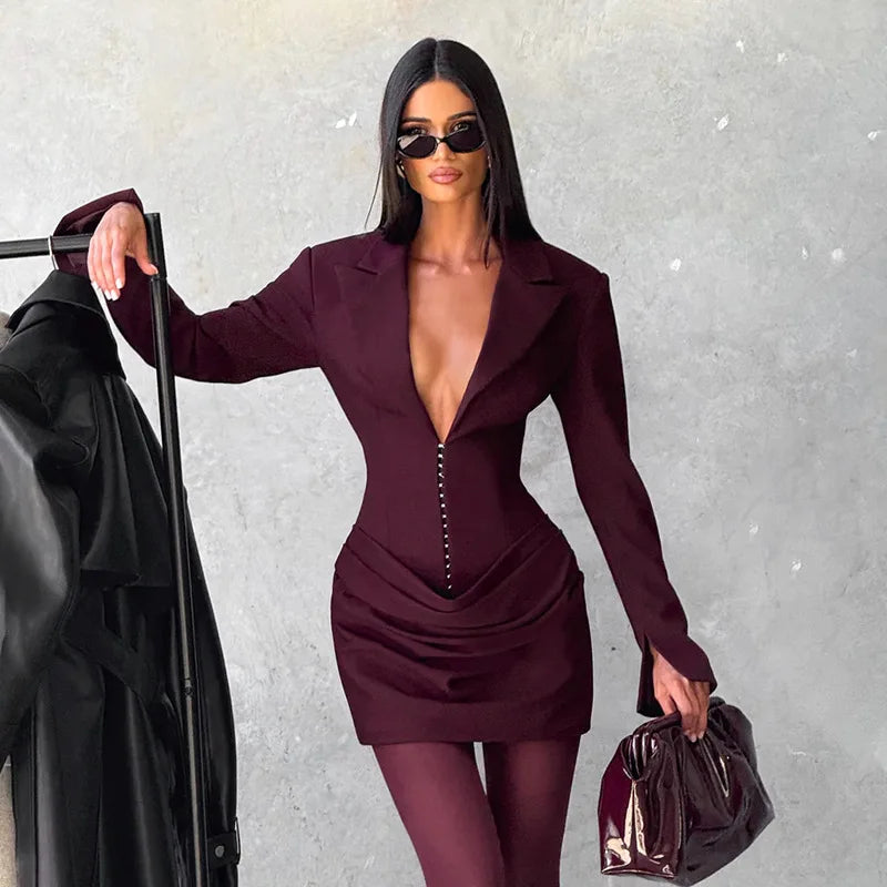 2023 neue Herbst Winter Mini Kleider Mode Frauen Langarm Tiefem V-ausschnitt Sexy Geraffte Bodycon Abend Party Club Blazer Vestidos