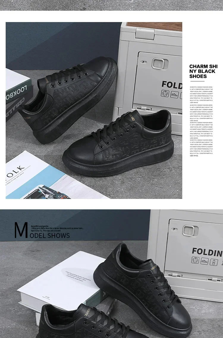 2025, neue Herrenschuhe, Frühling und Herbst, flache Sohlen, lässige Lederschuhe, Sportschuhe, schwarze und weiße Herren-Schuhe mit dicken Sohlen, atmungsaktiv