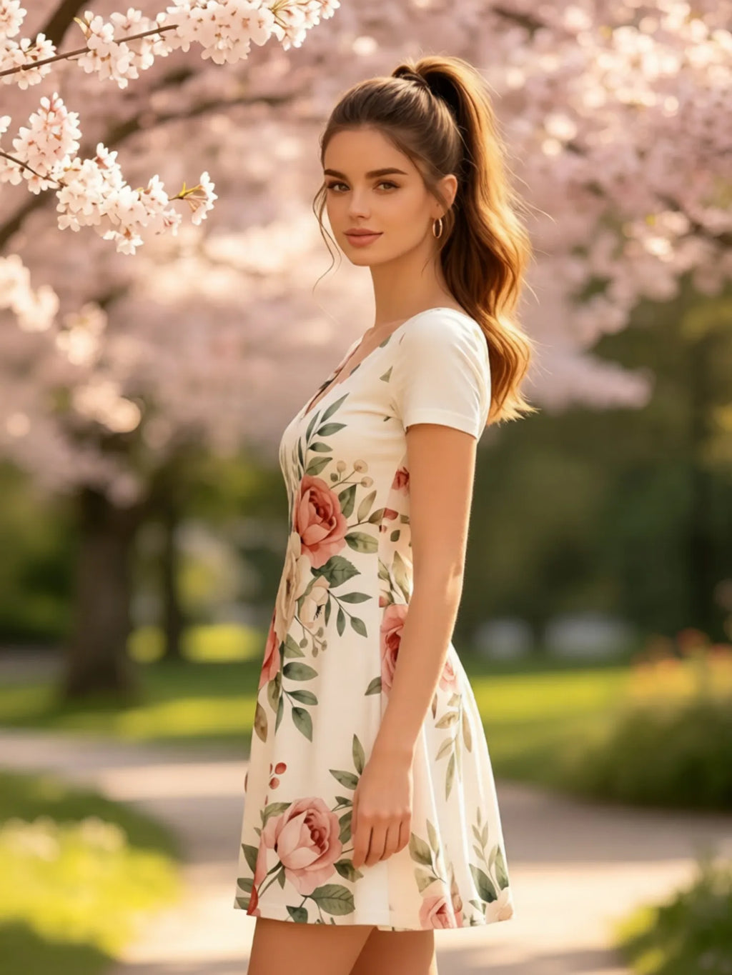 Damen-Kleid mit V-Ausschnitt, kurzen Ärmeln und Blumenmuster, A-Linie, lässig, für Terrasse, Brunch, Sommer, Sommerkleid, Outfit, schön, für den Alltag, feminin, anmutig, einfach