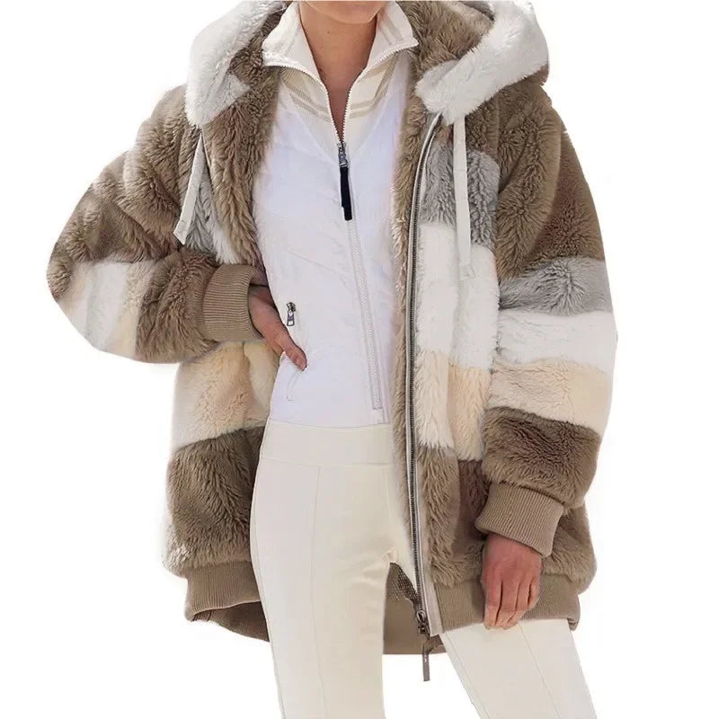 Warme Fleece-Übergroße Kapuzenjacke für Damen, Herbst und Winter, verdickte Reißverschlusstasche, Patchwork-Kleidung, bequemes Sweatshirt