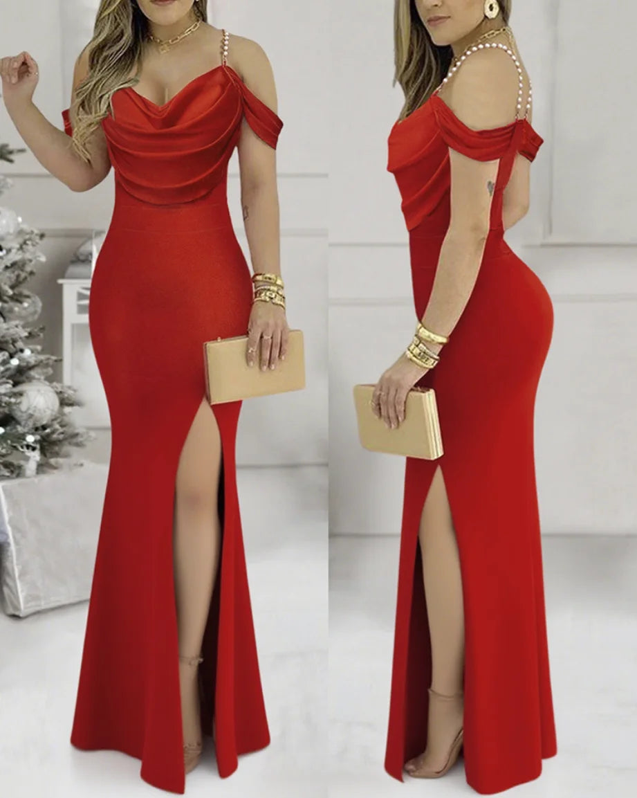 Perlenbesetztes Trägerkleid mit Schlitz, elegantes Damenmode-Langkleid